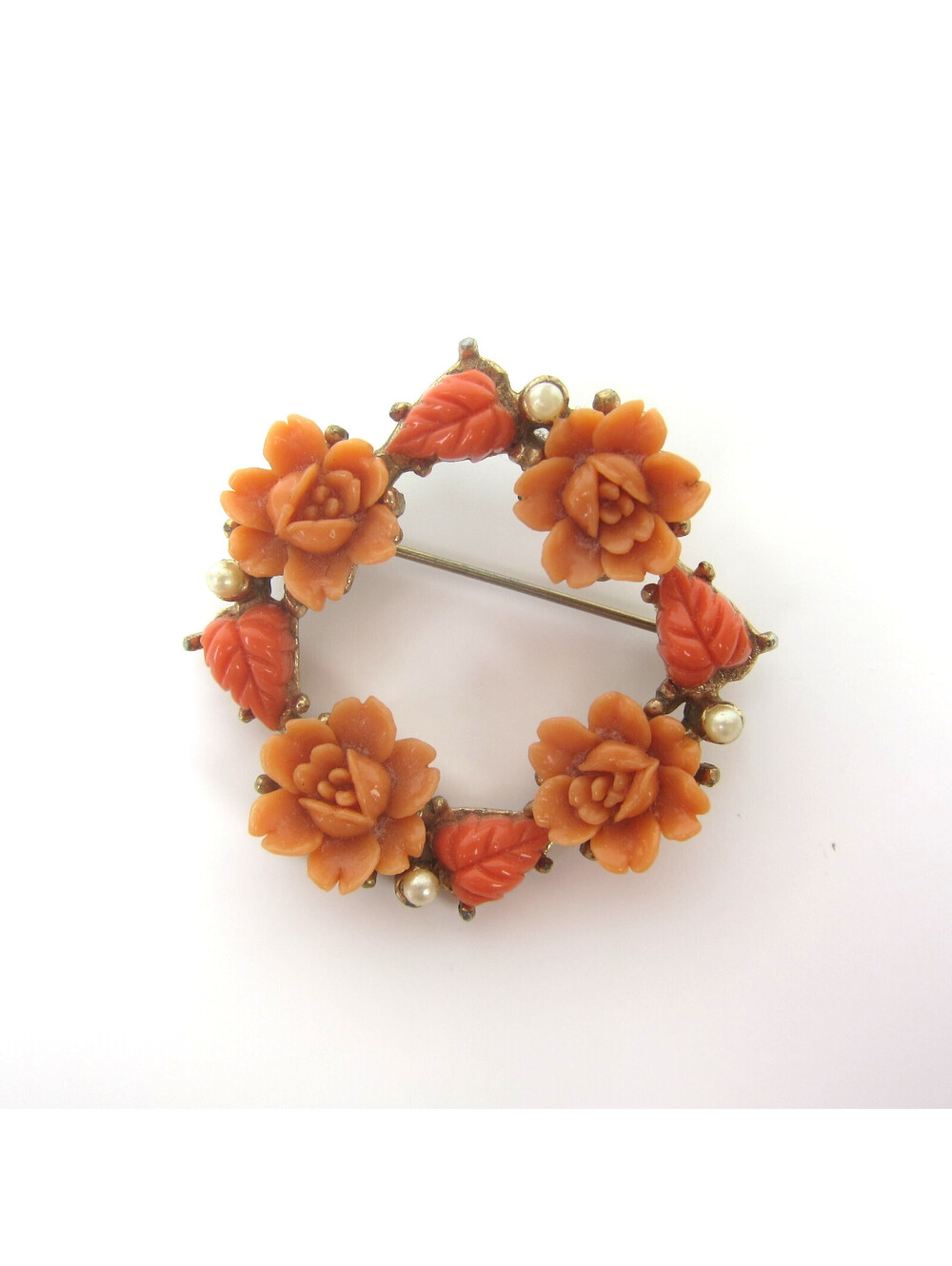 Vintage Carved Coral Celluloid Roses Pin Brooch 1.6" Faux Mini Pearls 1930s